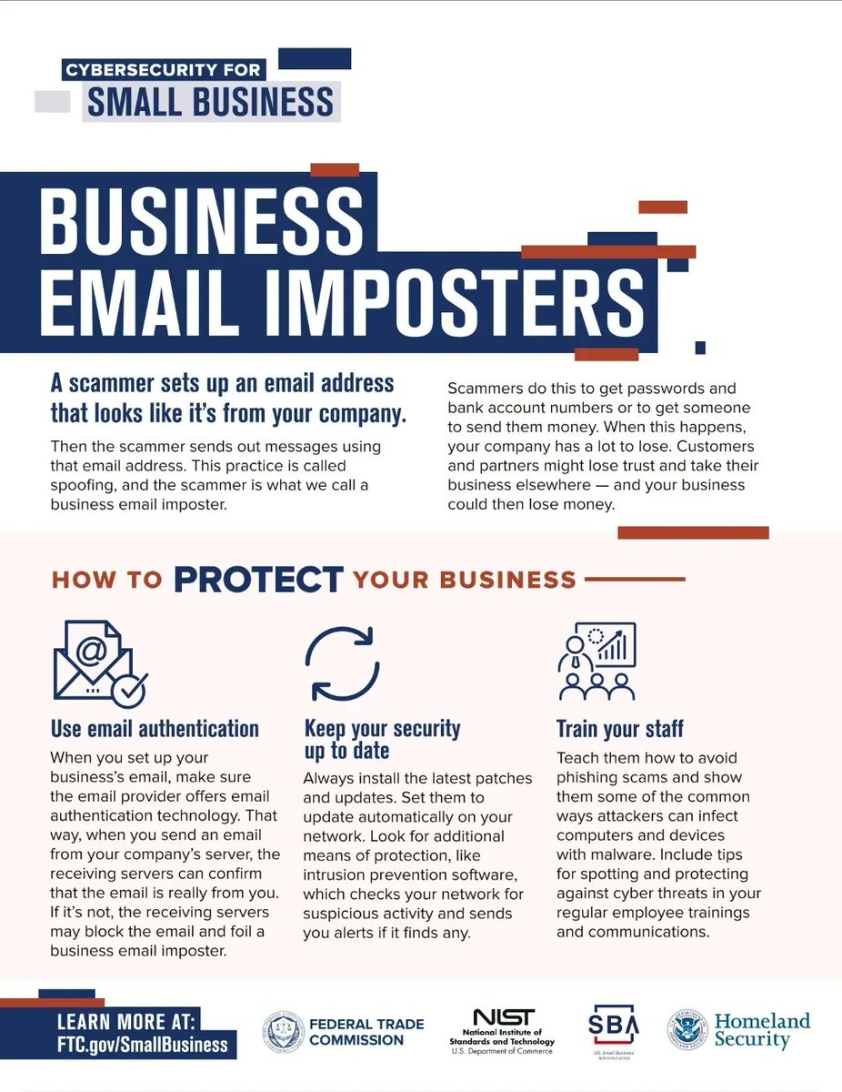 GisppOfficial's tweet photo. Email Spoofing and BEC attacks guidelines for small businesses. It is part of an amazing document by Federal Trade Commission

 #smallbusiness #cybersecurity #ftc #Gispp #emailspoofing #emailSecurity #EmailAttacks #BECAttacks https://t.co/nqGpQb1ELx