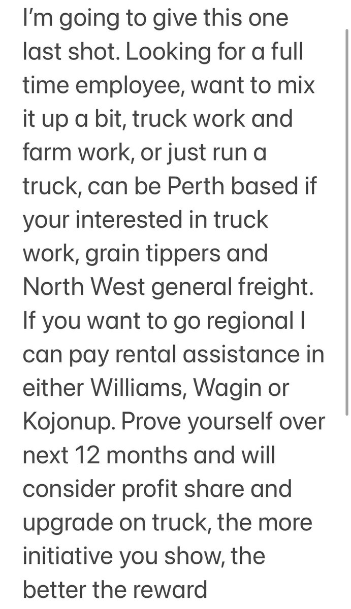 Employment opportunity. Transport and Ag, combination of Ag, Tipper work and Northwest general freight. Or just just truck driving. Small 900ha cropping operation Southern WA or Perth based. Get in touch. RT welcome