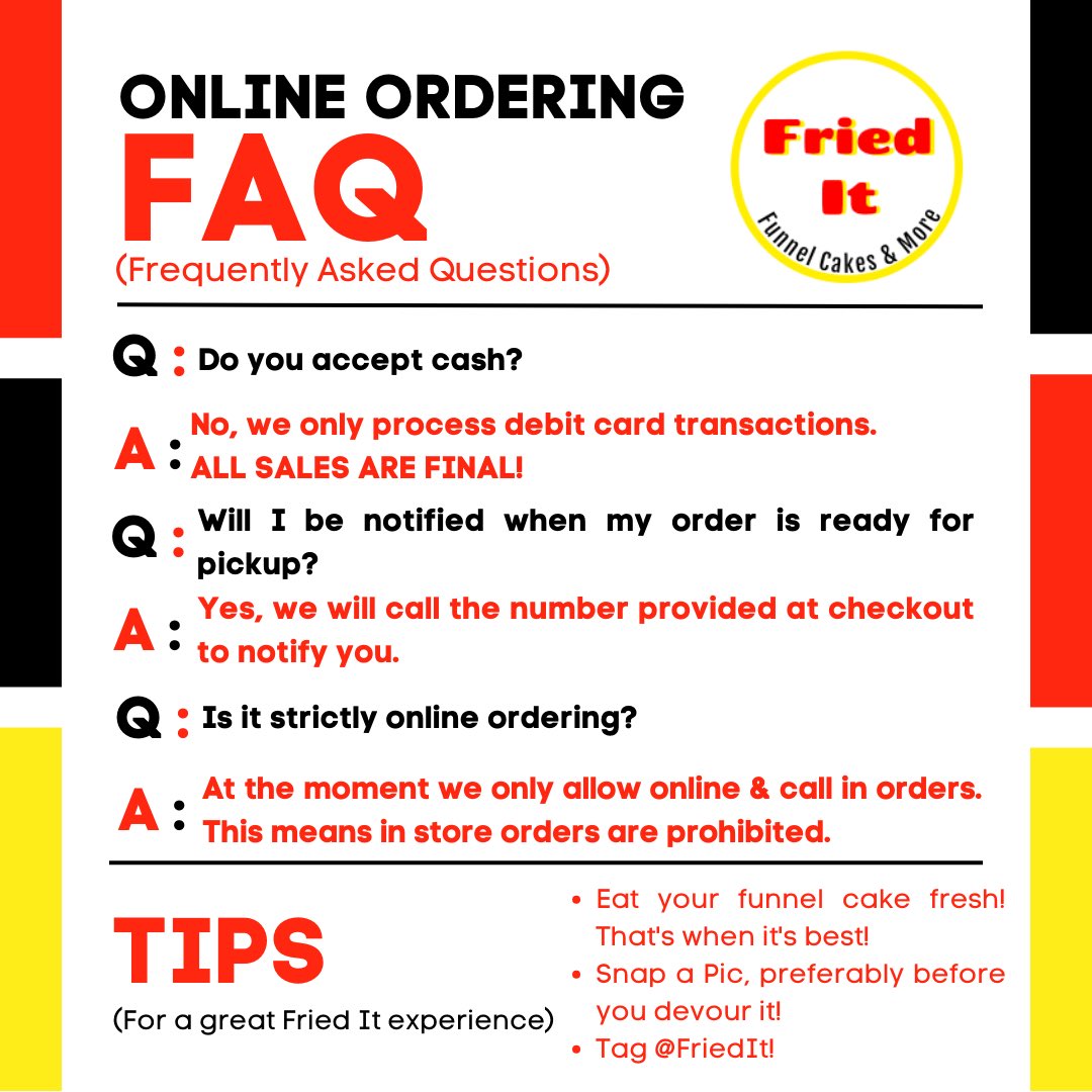 FriedIt3's tweet photo. As we prepare to start accepting orders, here are some questions we’ve previously been asked. We hope you understand and can’t wait to serve you! 😁

#shsu23 #shsu22 #shsu24 #shsu21 #shsu #samhoustonstateuniversity #bearkats #funnelcake #faq #college #friedit https://t.co/Qy94Iw0HUv