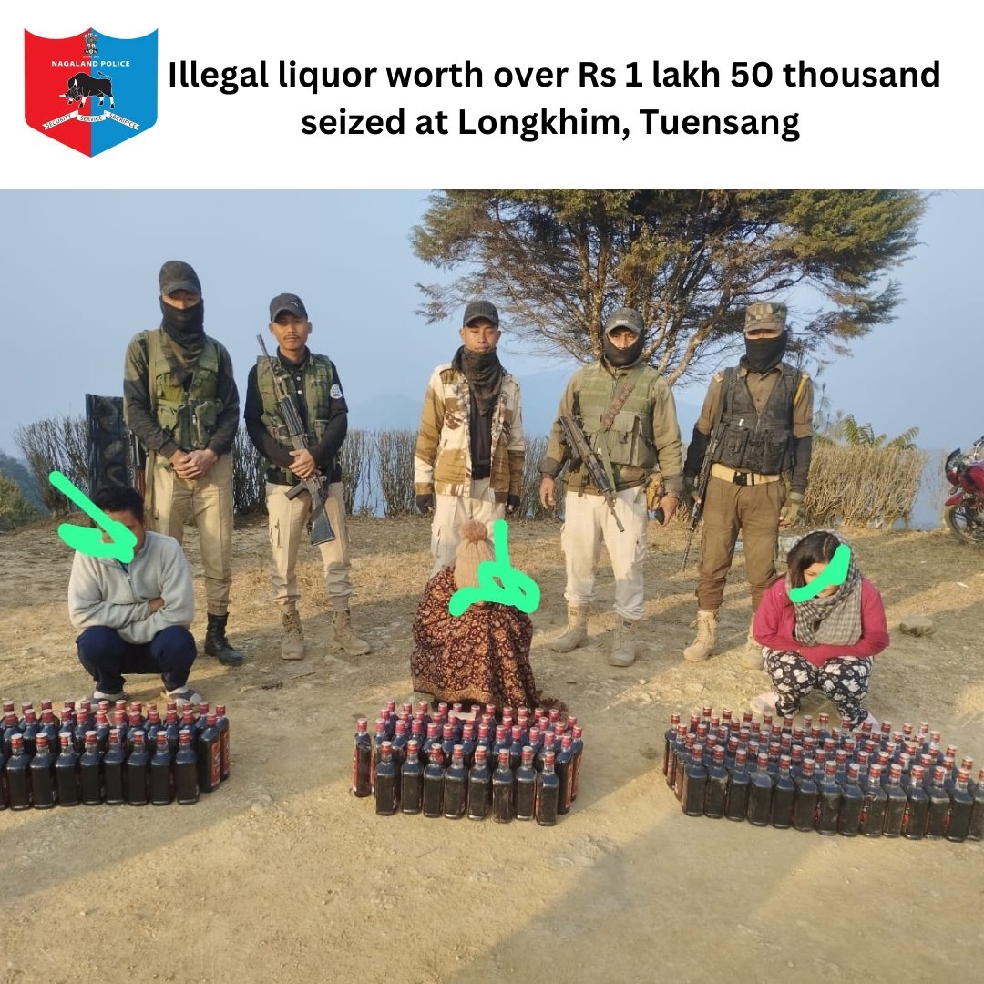 DGP_Nagaland's tweet photo. 3 persons arrested at Longkhim, Tuensang during a  raid conducted by the police department. Illegal liquor worth over Rs 1,53,000 seized.
@rupin1992 @sandeeptamgadge https://t.co/u6LMUI5ga7