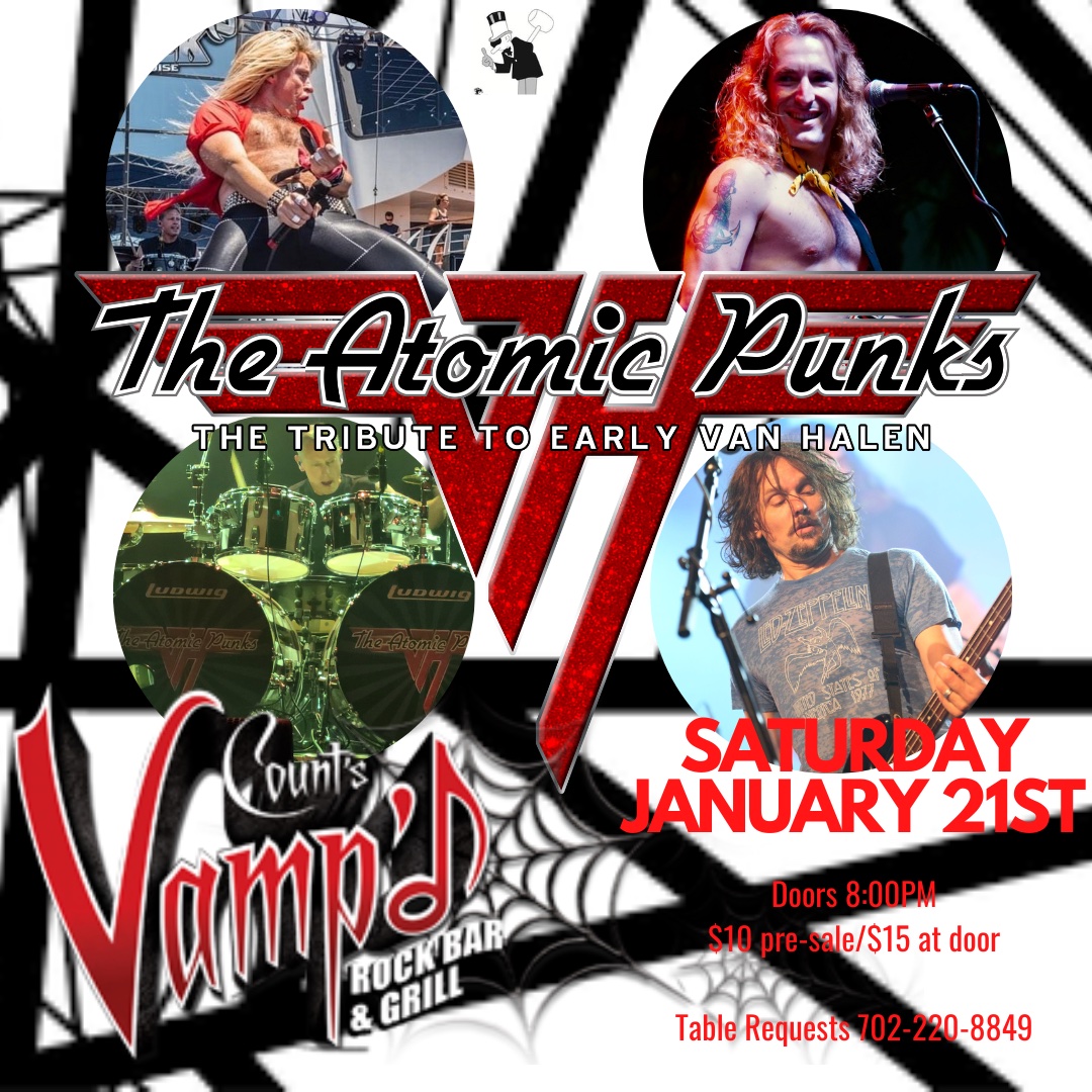 VampdVegas's tweet photo. This Saturday 1/21! Rock on with @TheAtomicPunks Tribute to early Van Halen live @VampdVegas! Grab tickets in advance > https://t.co/GrY0CYdiSx #vanhalen #theatomicpunks #countsvampd #lasvegas #eatdrinkrock https://t.co/E1lDdb1jiV