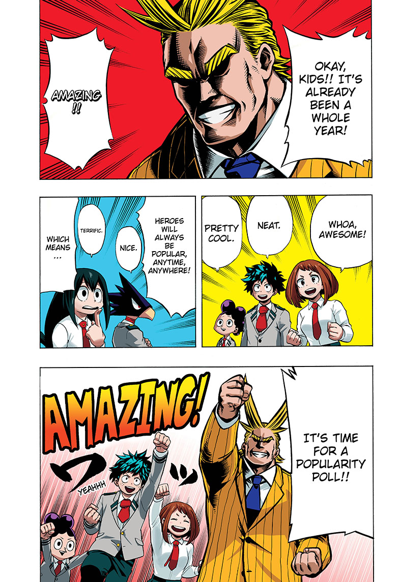 I had no idea the first anniversary page was also used to promote the popularity poll awwww.
The fact Hori is not using Bakugo or Todoroki yet feels alien to me...