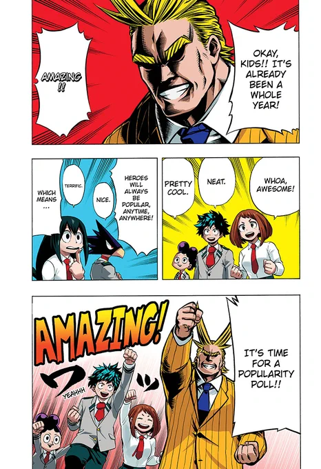 I had no idea the first anniversary page was also used to promote the popularity poll awwww. 

The fact Hori is not using Bakugo or Todoroki yet feels alien to me... 