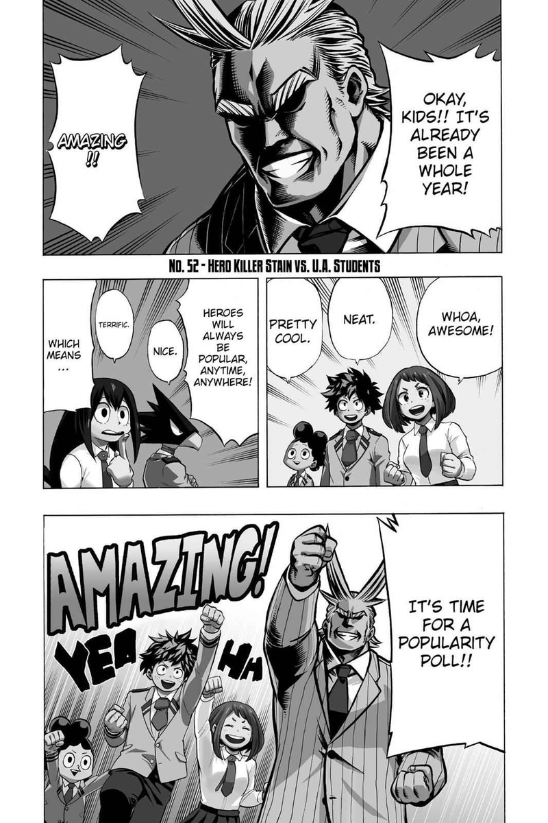I had no idea the first anniversary page was also used to promote the popularity poll awwww.
The fact Hori is not using Bakugo or Todoroki yet feels alien to me...