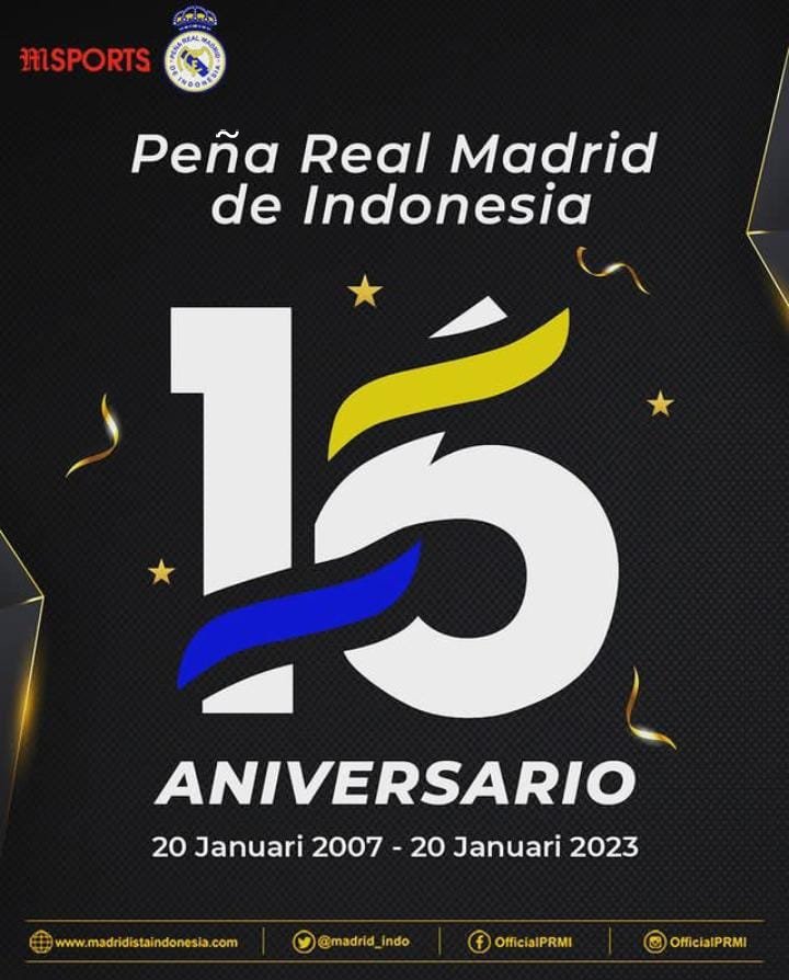 Feliz Aniversario Peña Real Madrid de INDONESIA 16 Años ( 20 Januari 2007 - 20 Januari 2023 ) semoga semakin berkembang dan solid serta tetap menjadi komunitas fans club terbesar se Asia Tenggara. 

#HalaMadrid
#VamosPRMI 
#16AñosPRMI
#16YearsPRMI
#16TahunPRMI