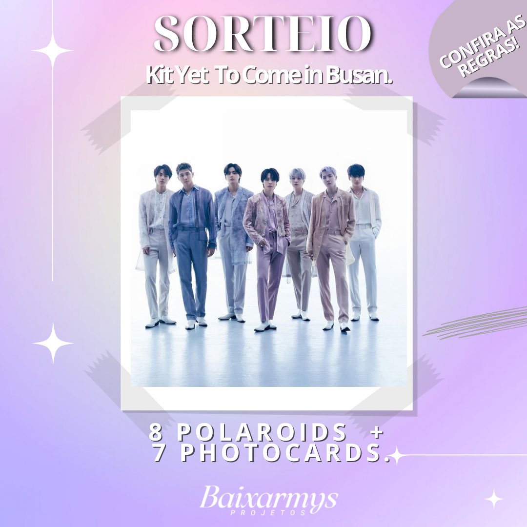 💜 SORTEIO RELÂMPAGO💜
Kit 8 polaroids + 7 cards.

REGRAS:
- Estar nos seguindo.
- Dar RT.
- Comentar votando no iHeart Awards + <a href="/BTS_twt/">방탄소년단</a>

🚨Válido somente para as armys que estarão presentes dia 01/02, no Shopping Nova Iguaçu, para Sessão de 17:00h de Yet to Come in Busan!