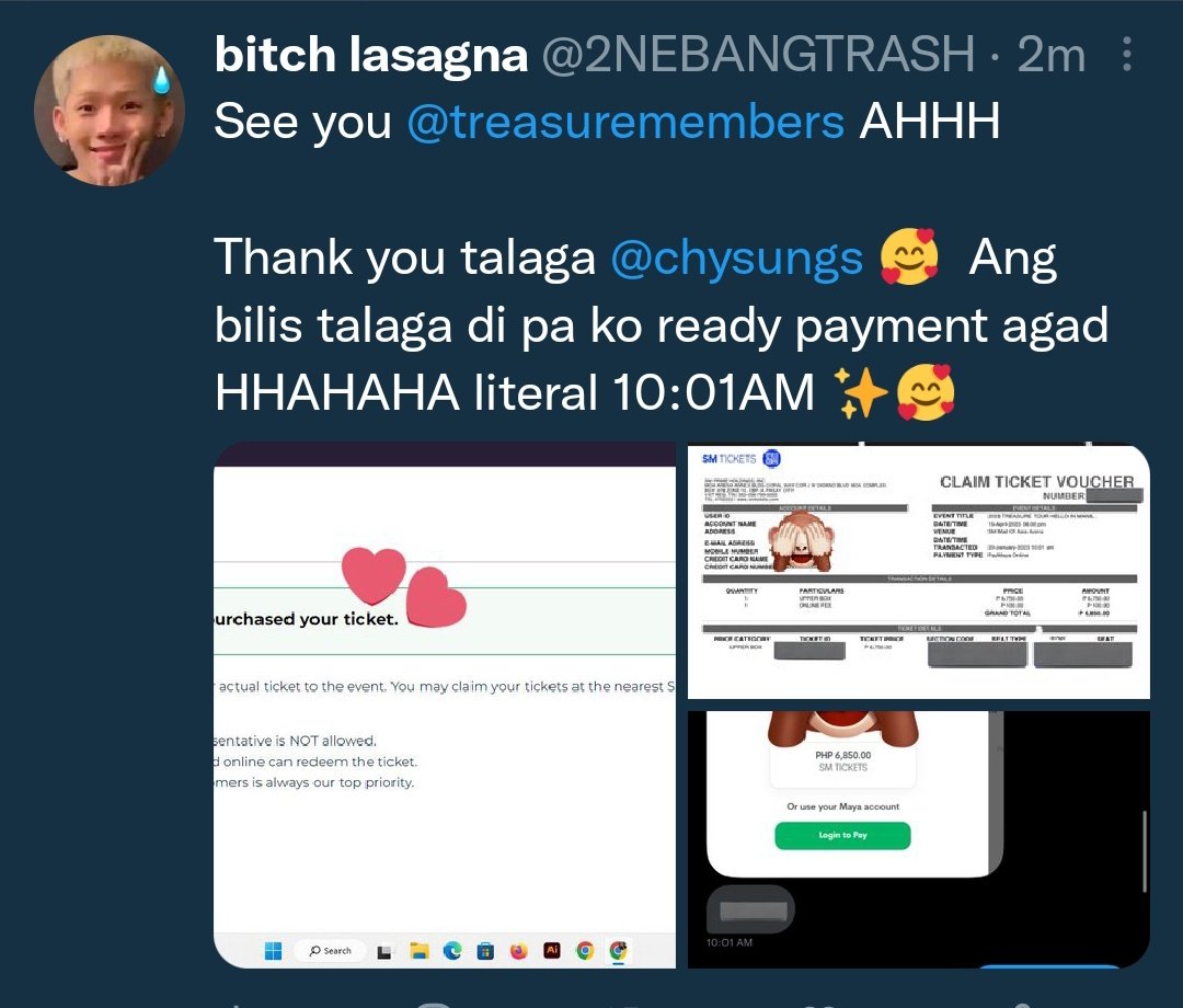 chysungs's tweet photo. #TREASURE_HELLO_IN_MANILA ticket secured for @2NEBANGTRASH 💜

tysm for trusting 🥺💜
#chyfeedbacks https://t.co/TrQjtDIRGi