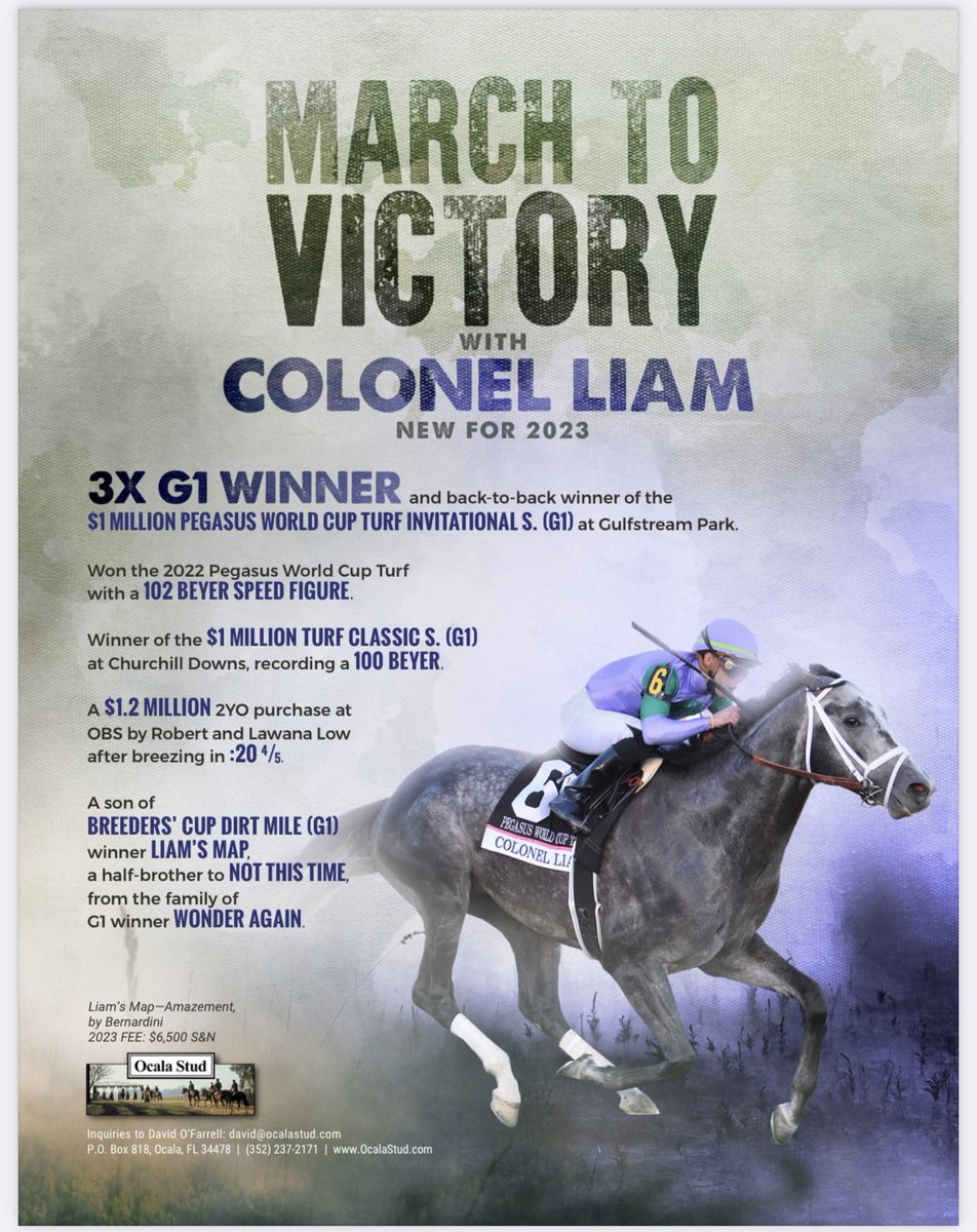 So proud of what this colt was able to achieve on the track and I can’t wait to see what he does in the breeding shed! Super excited to have @OcalaStud stand him and I promise those who support him will be rewarded!! @PletcherRacing @iradortiz #ColonelLiam