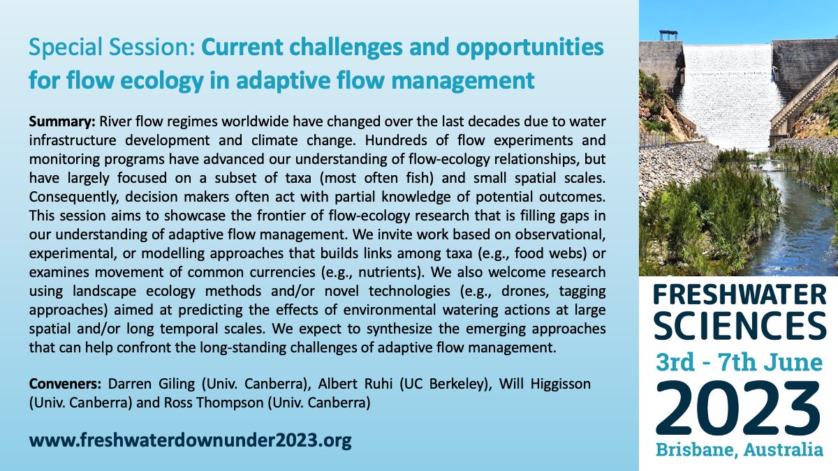 Are you interested in flow-ecology relationships, and attending #2023SFS? Consider submitting an abstract to this exciting special session, deadline is Feb 3rd! @DarrenGiling @ProfRossatUC #FreshwaterDownUnder