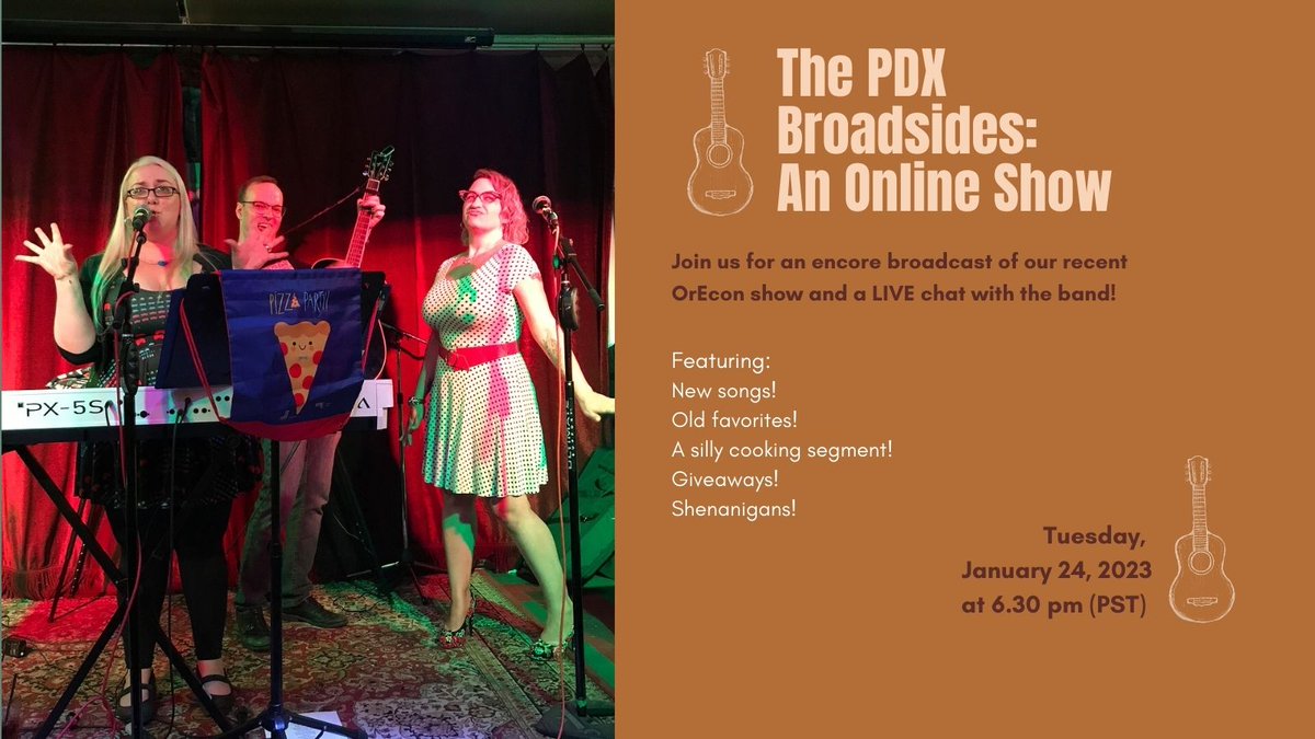 Need a little fun and frivolity in your life? SO DO WE! So, we're going to broadcast a recent concert (seen only at OrEcon) and you can chat with us LIVE!! Tuesday, January 24 at 6:30pm (PST). Head to our YOUTUBE page now and subscribe to get a reminder:youtube.com/user/PDXBroads…