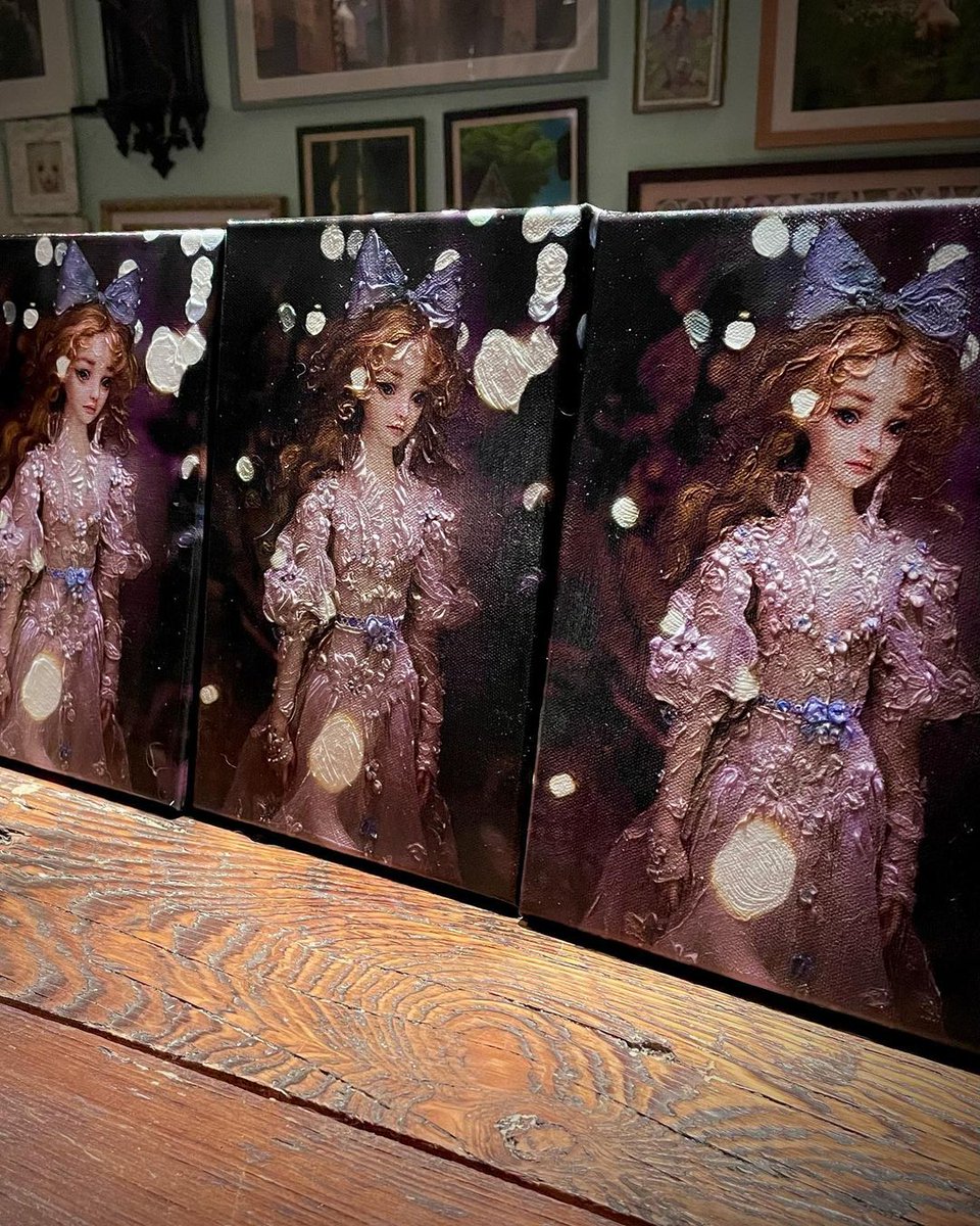 Enchanted_Doll's tweet photo. Texturing a canvas print with layers of transparent gel, to make it look like an expressionist oil painting. I adore this semi-realism effect, and the hand-crafted process behind its creation. This limited edition canvas print is available on my site store, along with some others https://t.co/SoPGgO5wOb