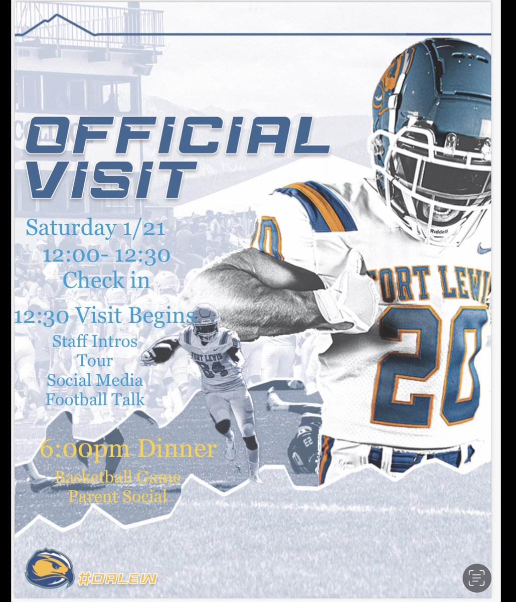 Exited to go to <a href="/FLCSkyhawks/">Fort Lewis Skyhawks</a> this weekend for an official visit thank you <a href="/TheCoach7Bible/">Jordan Bible</a> for the invite!🏈🔥<a href="/JaronCohen1/">Jaron Cohen</a> <a href="/_pondofootball/">Ponderosa Football 🐴</a>