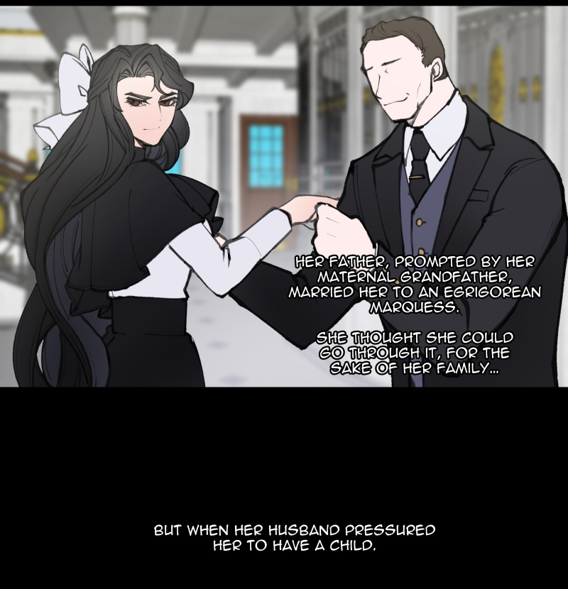Unfortunately her father married her to a man from an alliance house
She felt miserable. Her husband kept pressuring her to have a child

One day she snapped and killed him
Because he was a very important noble, the sentence would be being executed by her own brother
She ran away 