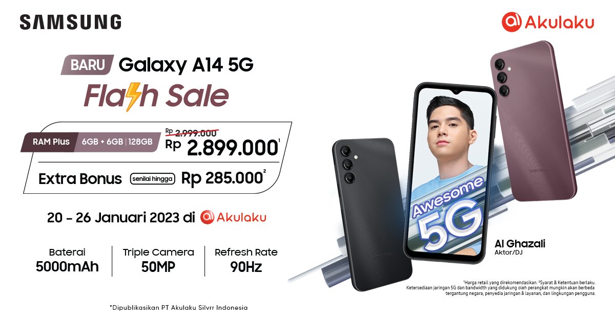 akulakuID's tweet photo. KEJAR SAMSUNG, KAU KUTANGKAP! 📱🏃♂️
Beli seri terbaru SAMSUNG A14 5G hanya di Akulaku! Kualitas kamera kinclong + Baterai tahan lama ☝️
Langsung serbu >> https://t.co/Hu8rvKlM7n
#SamsungA14 #PromoSamsung #GilaDiskon #AkulakuIndonesia https://t.co/KHsI7nfCk2