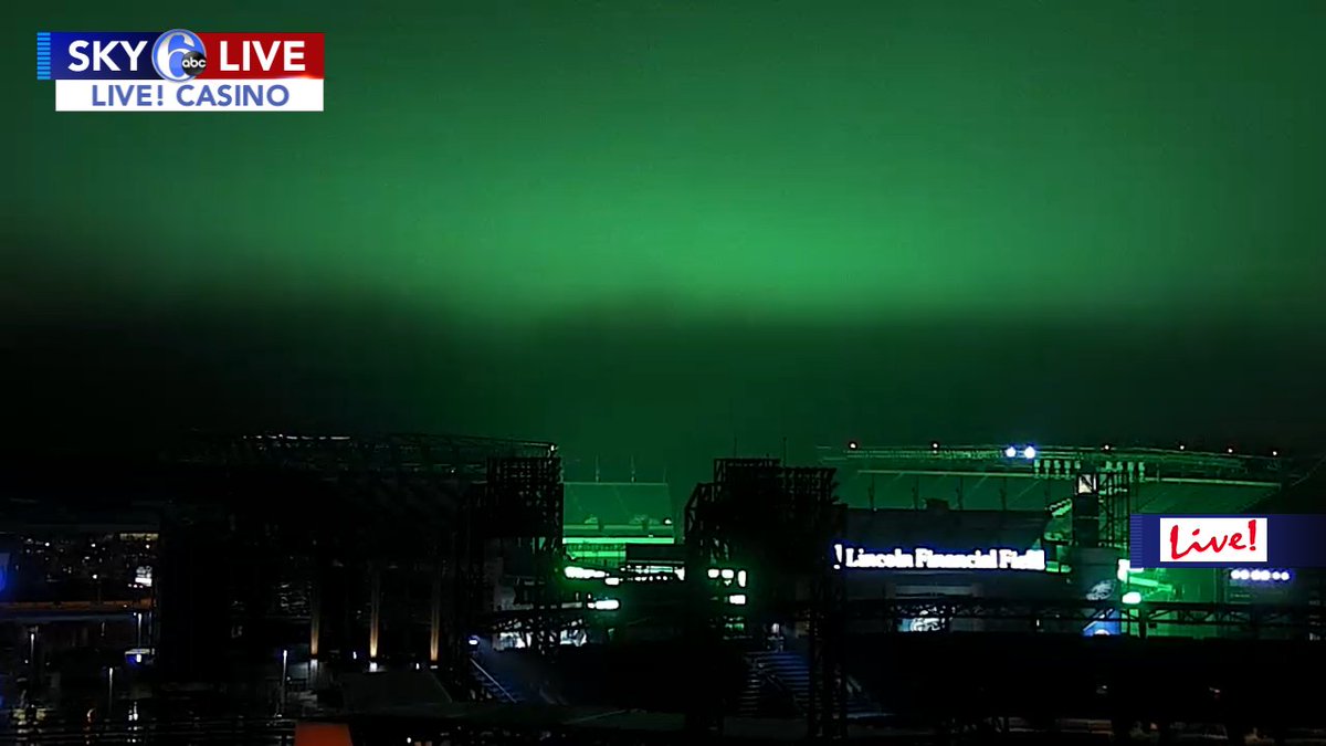 6abcadamjoseph's tweet photo. A SIGN?!
Even the sky is bleeding green tonight thanks to the green lights at the Linc reflecting off of the low clouds.  Think this means we will see an @Eagles win on Saturday night.  No, it is not the aurora borealis :) https://t.co/ejCuKDuNfr