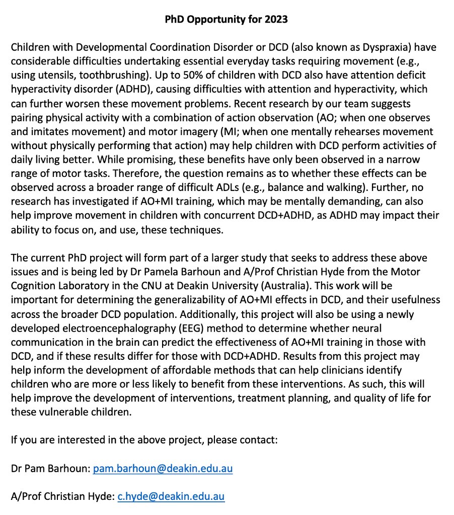 Dr Pamela Barhoun (@pam_barhoun) on Twitter photo PhD opportunity for 2023! Come work with us at <a href="/CNULab/">CNU Lab</a>🙌The project will form part of a larger study examining a combined action observation and motor imagery intervention in children with DCD and DCD+ADHD using EEG. Please read below 👇<a href="/PhDVoice/">PhD Voice - Independently Run</a> #phdpositions #phdchat #PhD PhD opportunity for 2023! Come work with us at <a href="/CNULab/">CNU Lab</a>🙌The project will form part of a larger study examining a combined action observation and motor imagery intervention in children with DCD and DCD+ADHD using EEG. Please read below 👇<a href="/PhDVoice/">PhD Voice - Independently Run</a> #phdpositions #phdchat #PhD