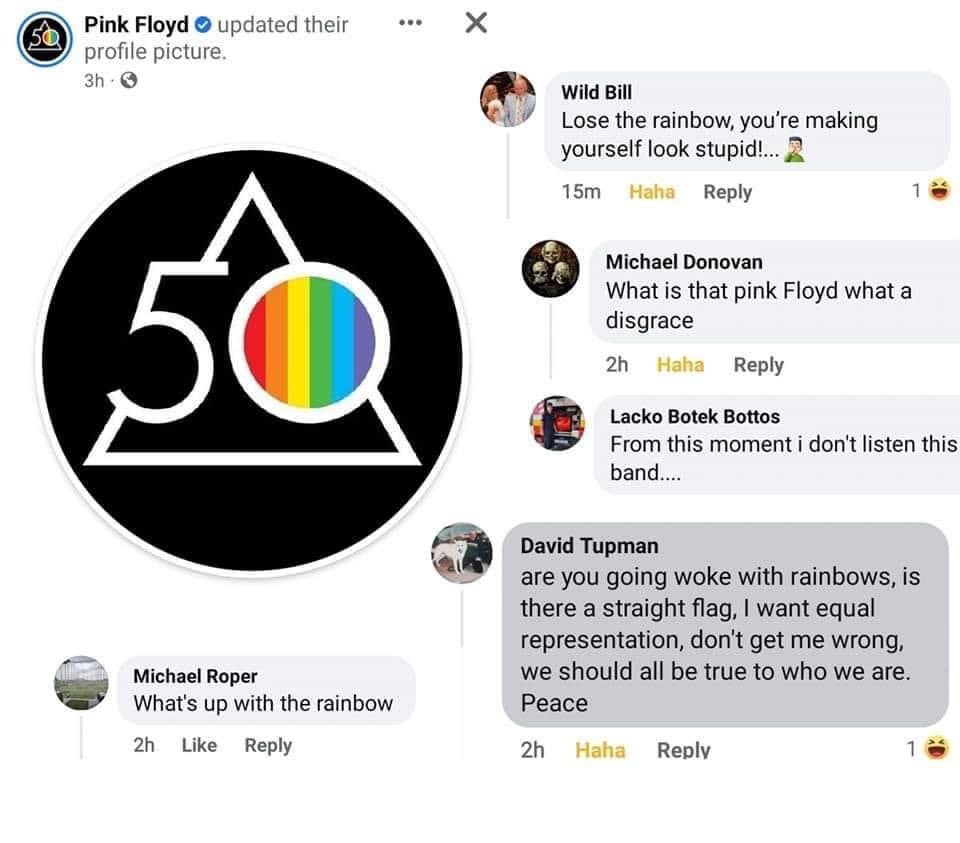 Des "fans" de Pink Floyd se ridiculisent en prenant le logo du 50ᵉ anniversaire de Dark Side of the Moon pour une “propagande gay”. 