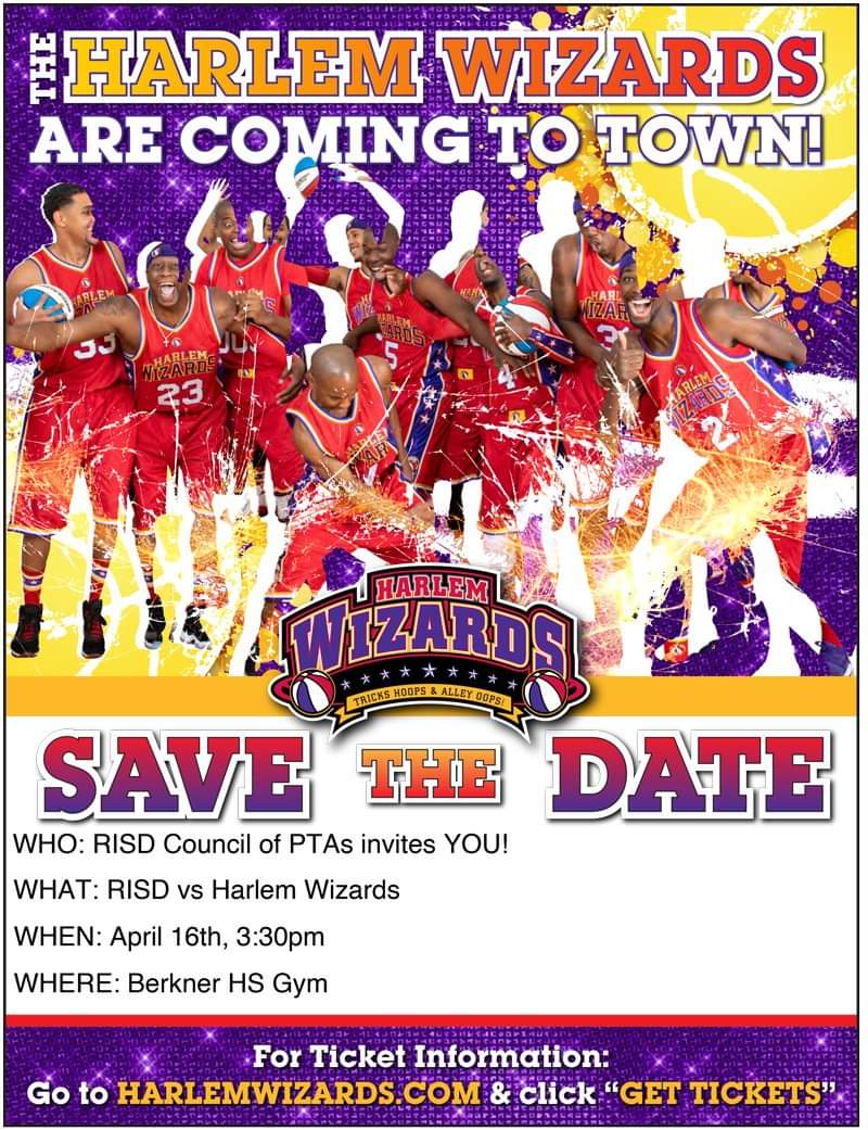 SAVE THE DATE! The world famous Harlem Wizards are coming to town in April for an afternoon of great FUN and fundraising! 

Richardson ISD Council of PTAs is very excited to host our first basketball game fundraiser on April 16 at 3:30 pm in the Berkner HS Gym!