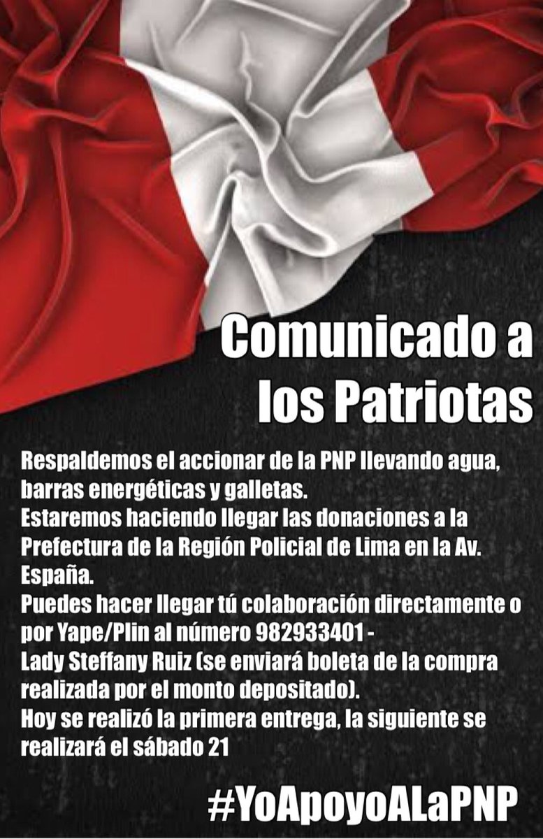 VirgiDArbulu's tweet photo. Hago un llamado a todos los ciudadanos de bien, apoyemos a nuestra @PoliciaPeru.
Organizate con un grupo para poder llevar apoyo a nuestra Policía.
Apoya con un RT 🇵🇪 https://t.co/dU3gQn7Yz9