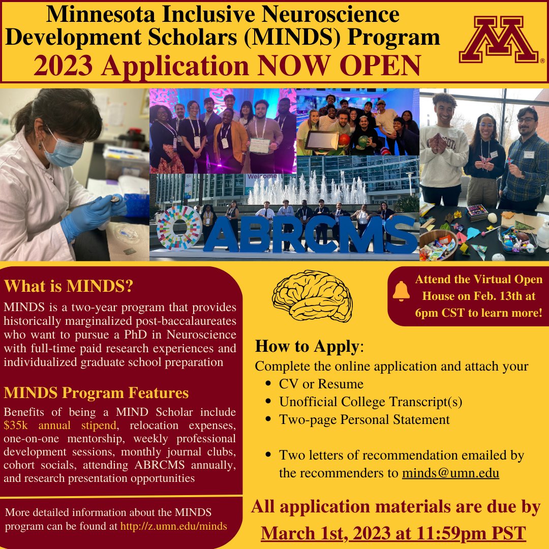 Minnesota Neuroscience Development Scholars (@mindscholars) on Twitter photo 📢📢📢 Now accepting applications for our 3rd cohort of <a href="/MINDScholars/">Minnesota Neuroscience Development Scholars</a>!!!
Details at z.umn.edu/minds
Learn more at our Virtual Open House: 2/13 at 6pm CST (forms.gle/4dEWARnq76iMUH…)
Applications due 3/1; program begins 6/30
Please RT and help spread the word!!! 📢📢📢 Now accepting applications for our 3rd cohort of <a href="/MINDScholars/">Minnesota Neuroscience Development Scholars</a>!!!
Details at z.umn.edu/minds
Learn more at our Virtual Open House: 2/13 at 6pm CST (forms.gle/4dEWARnq76iMUH…)
Applications due 3/1; program begins 6/30
Please RT and help spread the word!!!