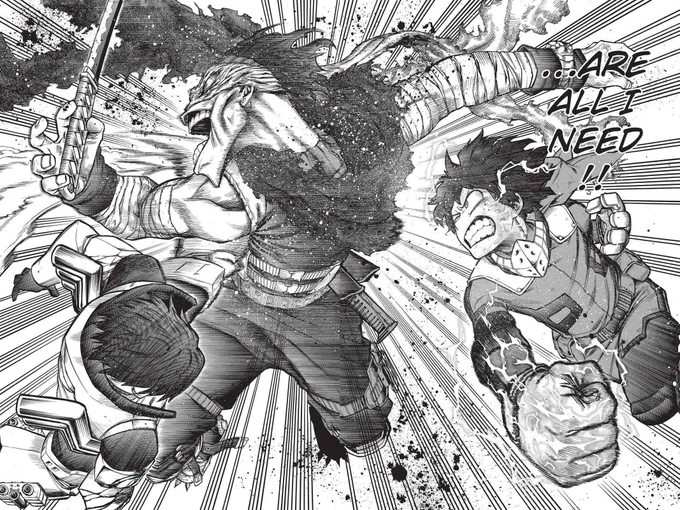 The iconic Iida+Deku attack was actually a new spread for the volume, maaaan. I love it so much. Horikoshi went all out, this is the reason why I buy volumes even tho I read the simulpub, he makes it so worth it  