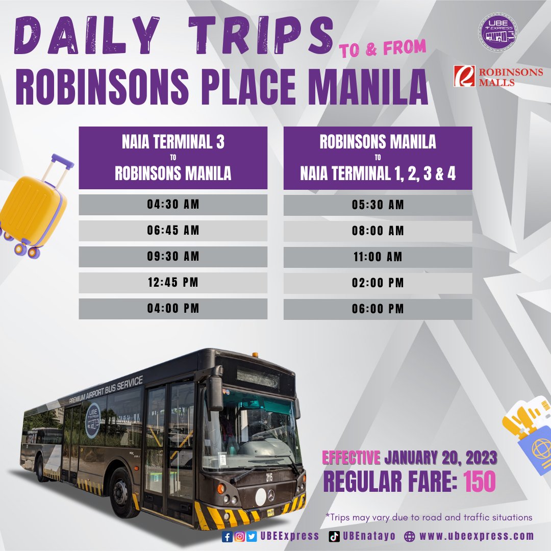 ubeexpress's tweet photo. Please be guided accordingly.
Thank you and stay safe!
#UbeExpress #ubenatayo #AranetaCity #RobinsonsMalls #RobinsonsManila #RobinsonsStaRosa #OneAyala #MakatiCity #MakeItMakati #AyalaMalls #AyalaMallsSouthPark #VictoryLiner #PasayTerminal #NAIA #airportshuttle #P2P https://t.co/9wOihs3gEz