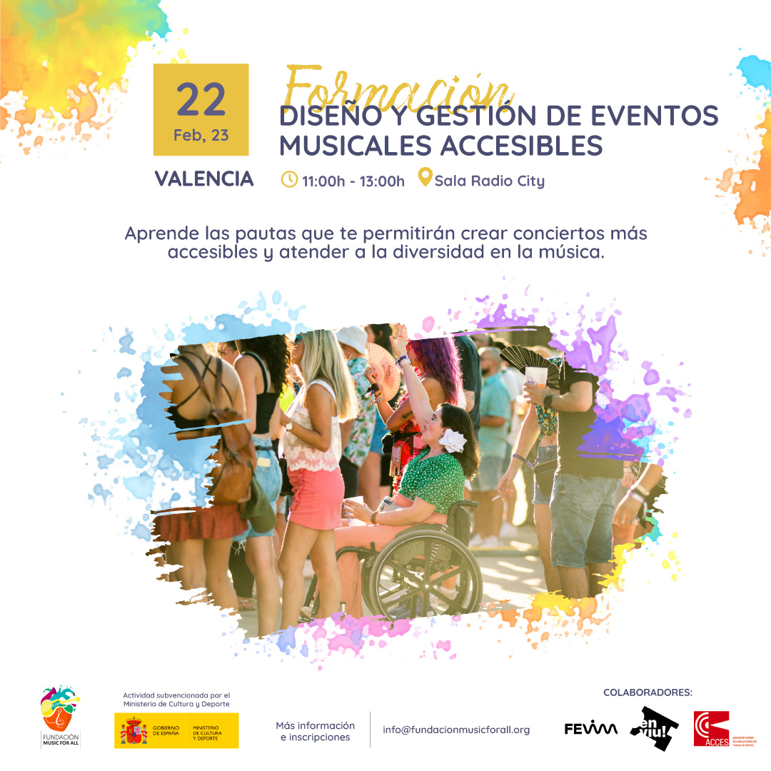 🎸 <a href="/musicforallfund/">Fundacion Music for All</a> junto a <a href="/culturagob/">Ministerio de Cultura</a>, en colaboración con #EnViu y #FEVIM, presenta el "Plan Nacional de Accesibilidad e Inclusión", donde se realizarán formaciones gratuitas sobre accesibilidad en conciertos ➡️ bit.ly/3WongrI 

🗓 22 Feb. #València <a href="/RadioCityValenc/">Radio City Valencia</a>