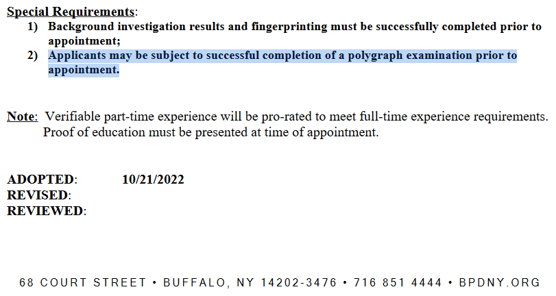 TwiterinMachine's tweet photo. The Buffalo Police Department's "Video/Social Media Specialist" job posting https://t.co/PCAFW1HKnk says applicants may be subject to a polygraph exam, which is illegal here in New York State. Buffalo Police Department policy both permits and forbids it. https://t.co/pOZfaVaL5h