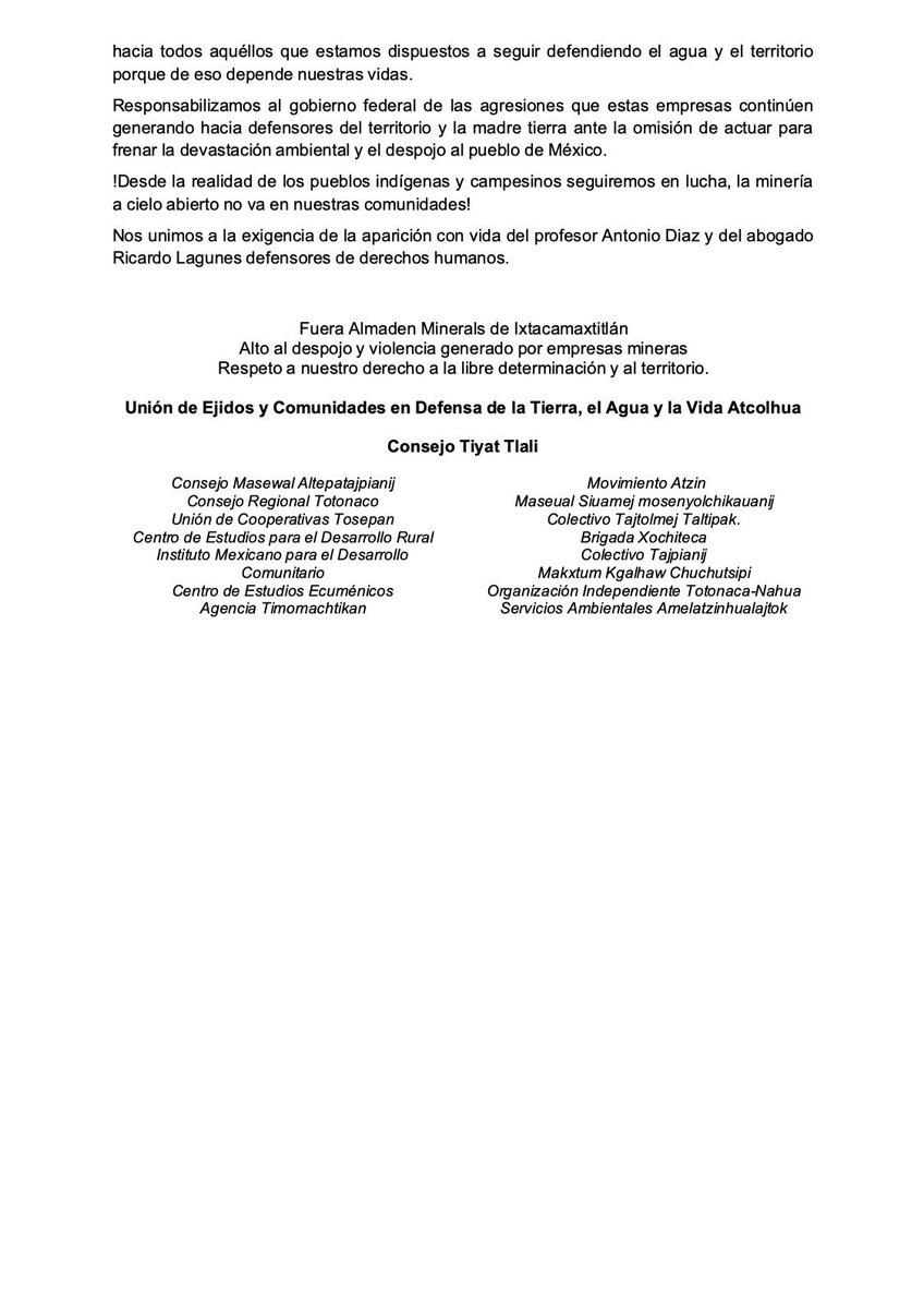 La Unión de Ejidos y Comunidades Atcolhua y todas las organizaciones que integramos el Consejo Tiyat Tlali expresamos nuestra reprobación a las declaraciones del Presidente López Obrador sobre la minería canadiense consejotiyattlali.blogspot.com/2023/01/comuni…
