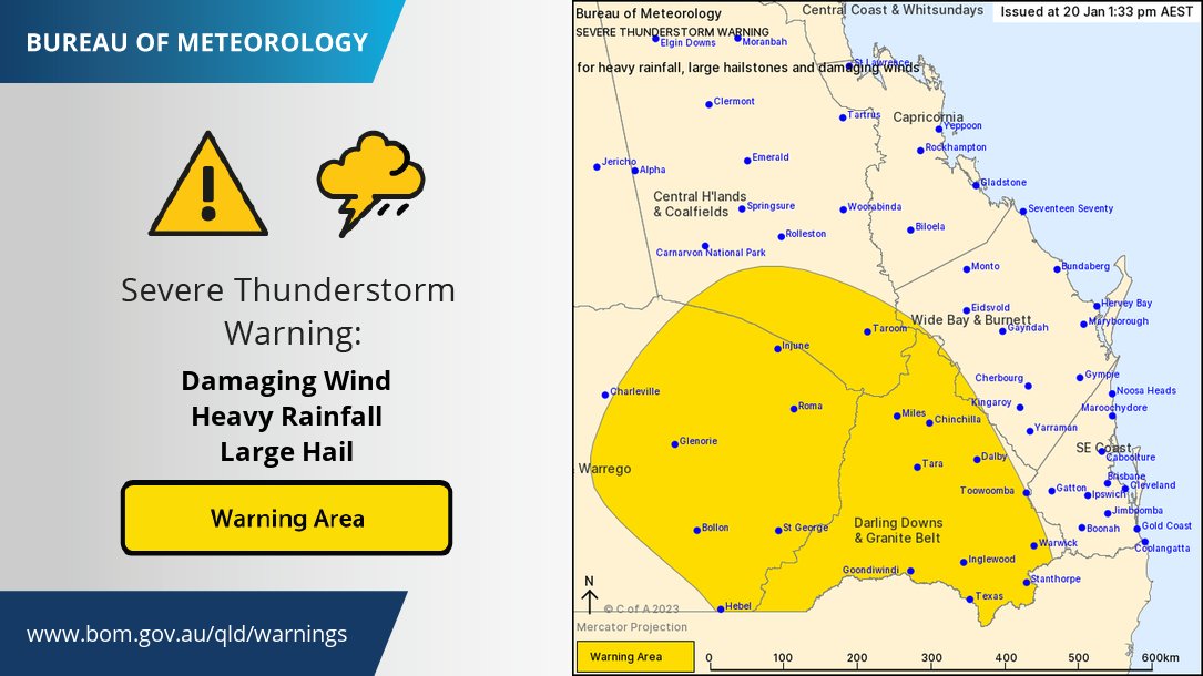 #QLD Severe #Thunderstorm Warning issued for the #DarlingDowns and #GraniteBelt, #CentralHighlands and #Coalfields, #WideBay and #Burnett, #Maranoa and #Warrego and #SoutheastCoast districts. Risk of heavy rain, damaging gusts, and large hail. Details at ow.ly/CIPV50MvLZe