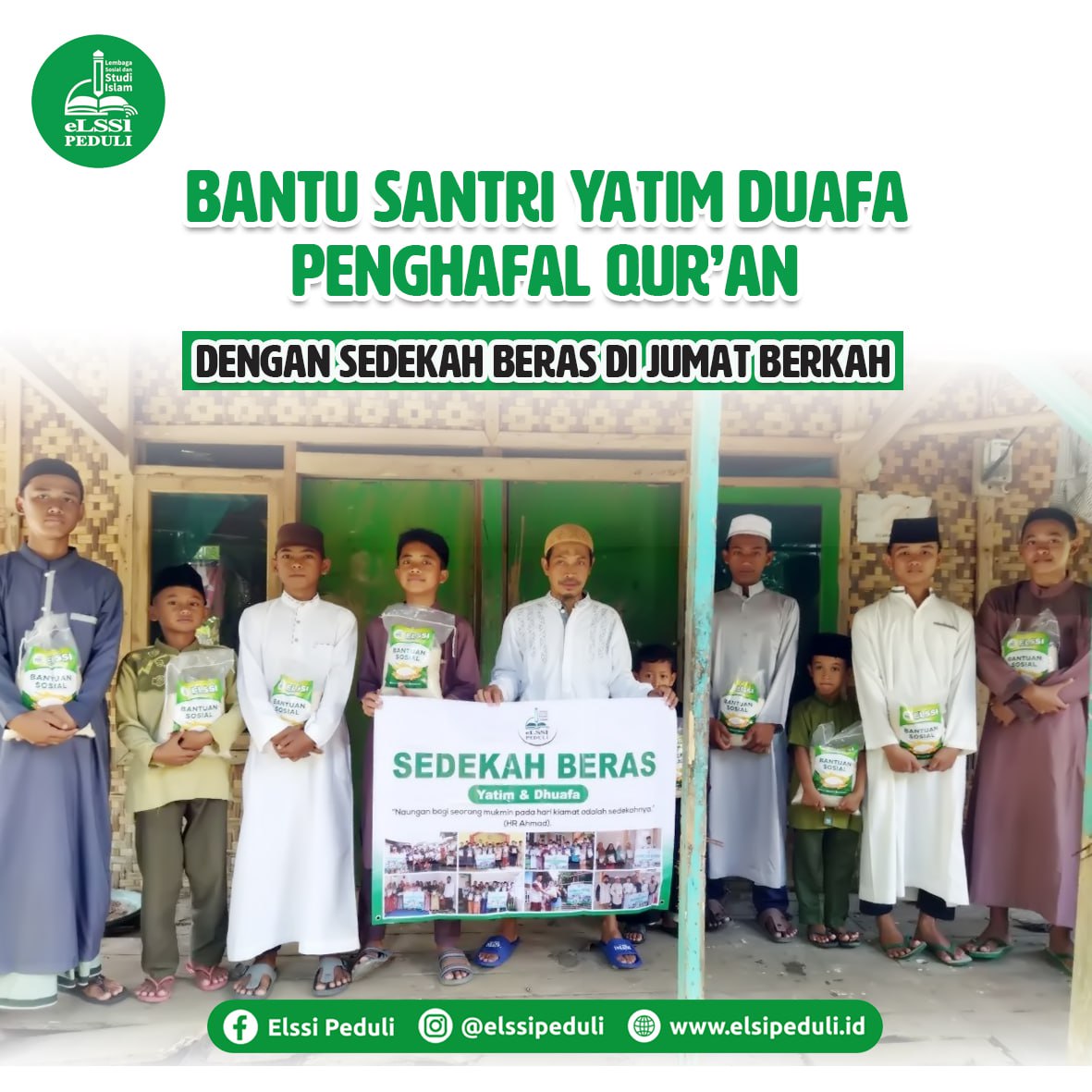elssipeduli's tweet photo. Bantu Santri Yatim Duafa Penghafal Qur’an dengan sedekah Beras di Jumat Berkah

#sedekah
#elssipeduli
#JumatBerkah 
#bansos
#Indonesia 
#wakafquran
#sedekahmushaf https://t.co/gHKuFxZdmt
