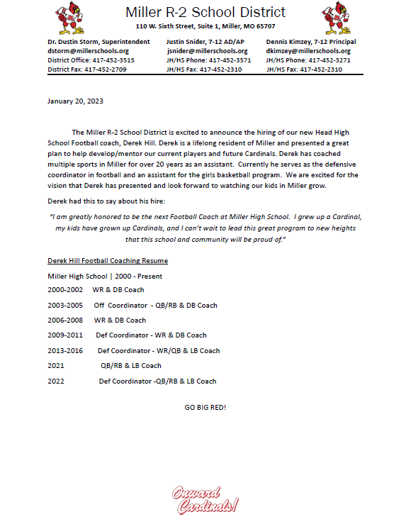 Press Release on new Miller Football Coach, Derek Hill. #GBR 
<a href="/SWMOsports/">SWMO Sports</a> <a href="/OzarksOzone/">Ozarks Sports Zone</a> <a href="/DanLucySports/">Dan Lucy</a> @J_GlobeSports <a href="/MissouriScoop/">Missouri Scoop</a>