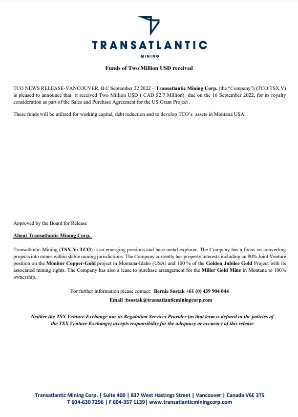 transatlantic_v's tweet photo. 2022 News Recap - September 22, 2022
Funds of Two Million USD received
https://t.co/gSrWtGPSmk
#TransatlanticMiningCorp #Funds #Gold #GoldExploration #MineralExploration #Idaho #Montana #TSXV #OTC #Royalty #Drilling #Cash #Mineral #Minerals #Stocks #Payement $TCO.V $TRRGF https://t.co/mScPpVHoNV