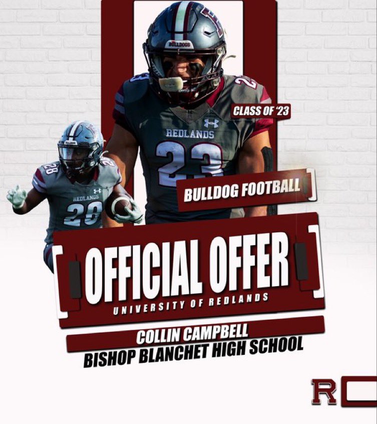 Collin Campbell (@_collincampbell) on Twitter photo After a great talk with <a href="/UR_CoachGood/">Jim Good</a> I am excited and blessed to receive an offer to the University of Redlands!
<a href="/UR_CoachMariani/">Joey Mariani</a> <a href="/TFordFSP/">Tracy Ford</a> <a href="/RealMG96/">Marcus “MG” Griffin</a> <a href="/CoachSalle/">Coach Salle</a> <a href="/JWilley3/">John Willey</a> <a href="/CoachLeander/">Coach Leo</a> <a href="/bbhs_football/">Bishop Blanchet Bears FB</a> <a href="/BrandonHuffman/">Brandon Huffman</a> <a href="/RylandSpencer/">Ryland Spencer™</a> <a href="/PrepRedzoneWA/">Prep Redzone Washington</a> After a great talk with <a href="/UR_CoachGood/">Jim Good</a> I am excited and blessed to receive an offer to the University of Redlands!
<a href="/UR_CoachMariani/">Joey Mariani</a> <a href="/TFordFSP/">Tracy Ford</a> <a href="/RealMG96/">Marcus “MG” Griffin</a> <a href="/CoachSalle/">Coach Salle</a> <a href="/JWilley3/">John Willey</a> <a href="/CoachLeander/">Coach Leo</a> <a href="/bbhs_football/">Bishop Blanchet Bears FB</a> <a href="/BrandonHuffman/">Brandon Huffman</a> <a href="/RylandSpencer/">Ryland Spencer™</a> <a href="/PrepRedzoneWA/">Prep Redzone Washington</a>