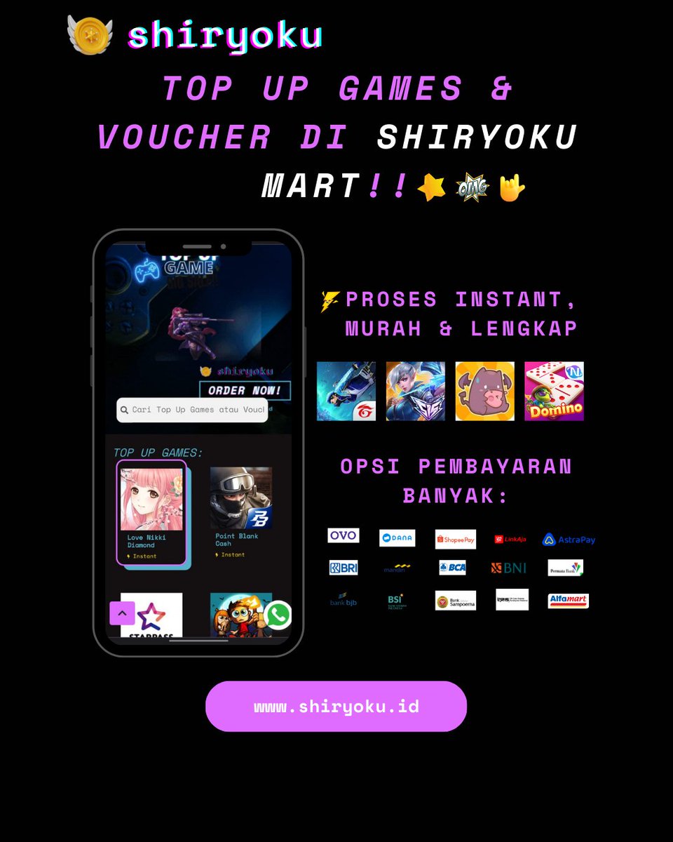 shiryokumart's tweet photo. Guys! sekarang kamu bisa top up games & voucher di Shiryoku Mart lohh..
Yuk kunjungi webnya https://t.co/mztnEeeFTL disana bisa top up games & voucher dengan harga termurah, tercepat dan paling lengkap se-Indonesia loh! ๐๐
#shiryokumart #topupmurah #topupmobilelegends #topup https://t.co/xnF71LlTaF