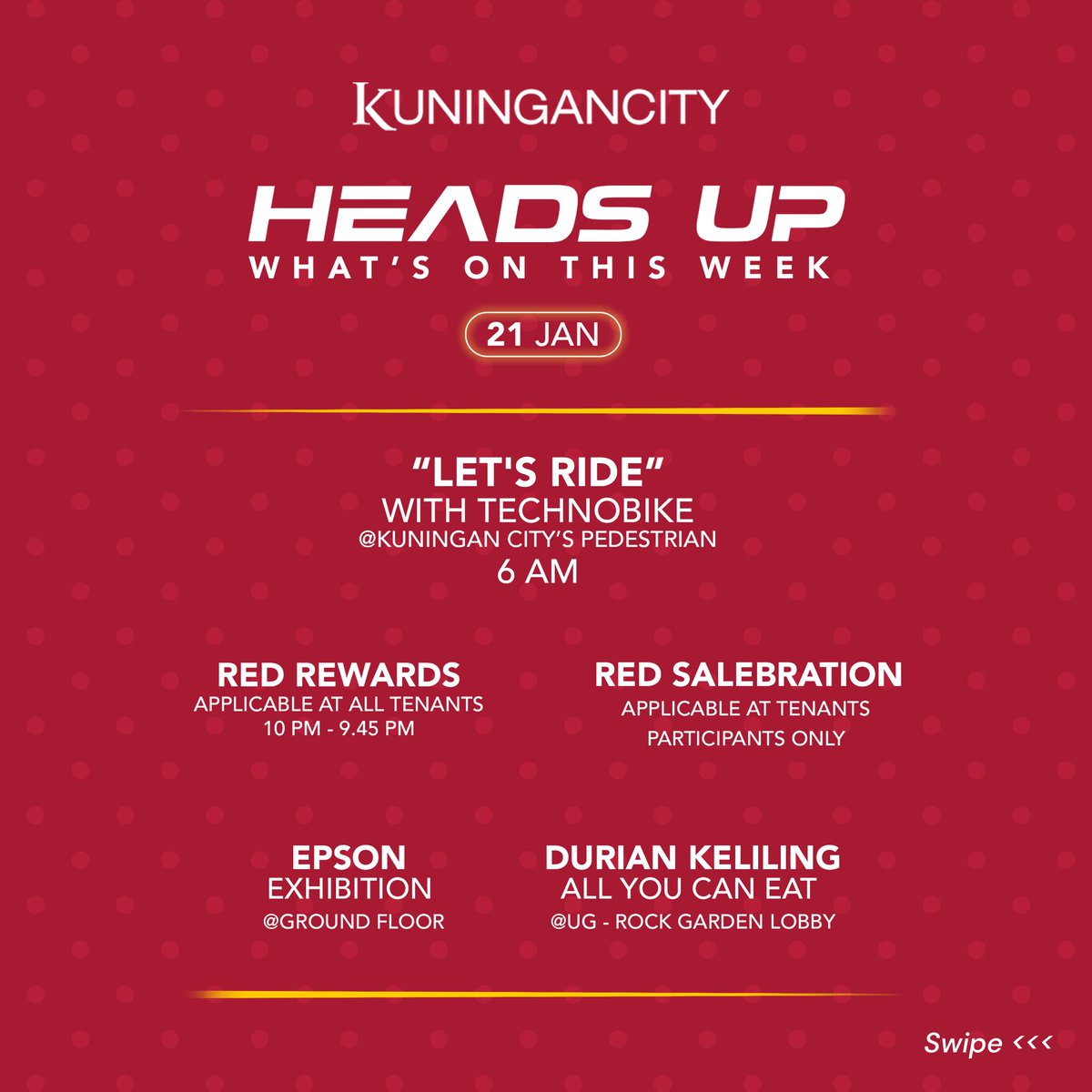 Kuningan_City's tweet photo. Heads Up!
This is your weekly guide for when you come visit us. Check it out cause we have a lot to offer, from sports events to great shopping program.
See you when i see you wave 👋🏼
#KUNINGANCITYMALL
#weeklyguide
#calendar #events https://t.co/KSuaurbXD1