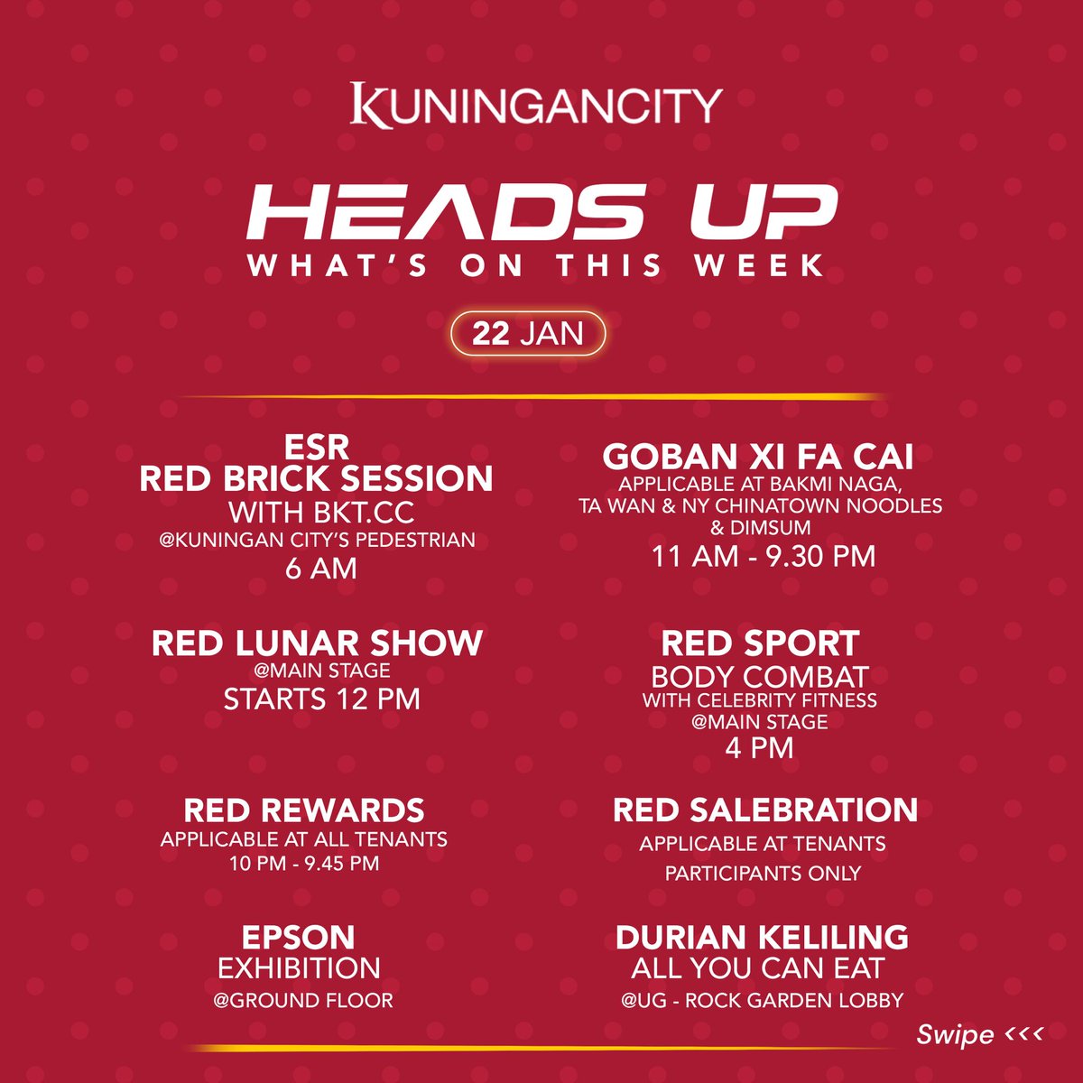 Kuningan_City's tweet photo. Heads Up!
This is your weekly guide for when you come visit us. Check it out cause we have a lot to offer, from sports events to great shopping program.
See you when i see you wave 👋🏼
#KUNINGANCITYMALL
#weeklyguide
#calendar #events https://t.co/KSuaurbXD1
