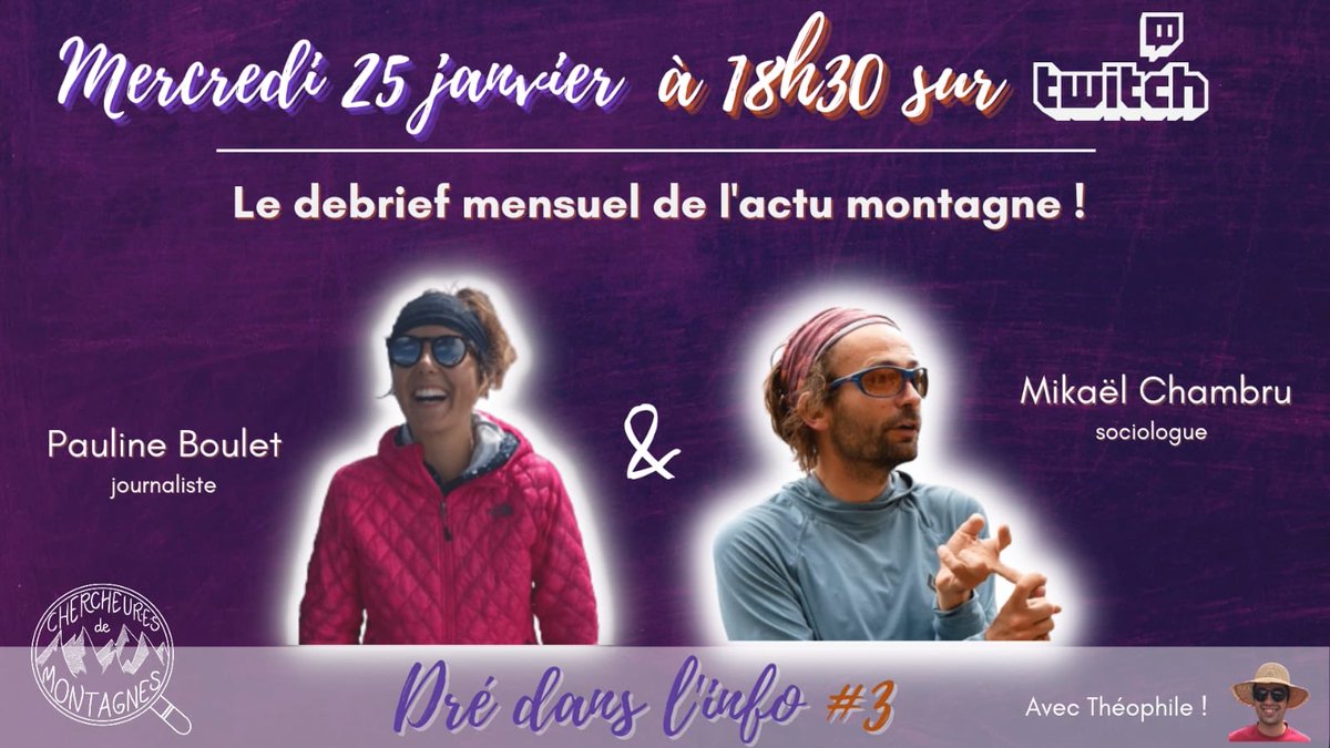 mchambru's tweet photo. [SAVE THE DATE]

🟢 On est de retour le mercredi 25 janvier sur #Twitch avec @BouletPoint pour débriefer l’actu #montagne

👋 Rendez-vous sur @cherch_montagne à partir de 18h30 : https://t.co/mf4mL5UTtf 

📢 Faites circuler l’info et venez nombreux-ses ! https://t.co/FInMJ8bS2L