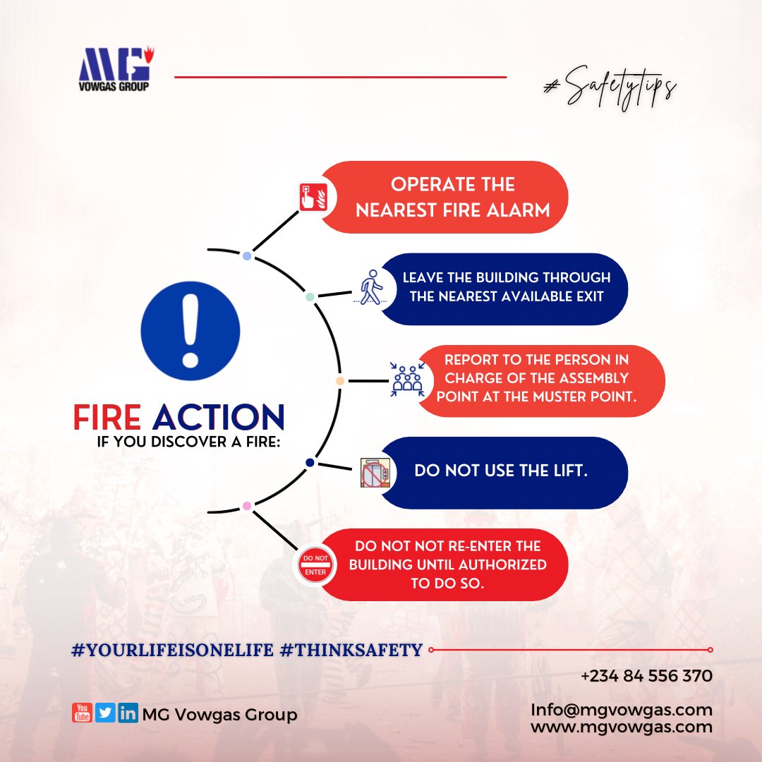 MGVowgas's tweet image. To guarantee that staff and visitors are aware of what to do in an emergency, fire actions are a crucial component of fire safety. 

To protect everyone inside the building in the event of a fire, the following actions should be taken.

 #safety #yourlifeisOneLife #ThinkSAFETY
