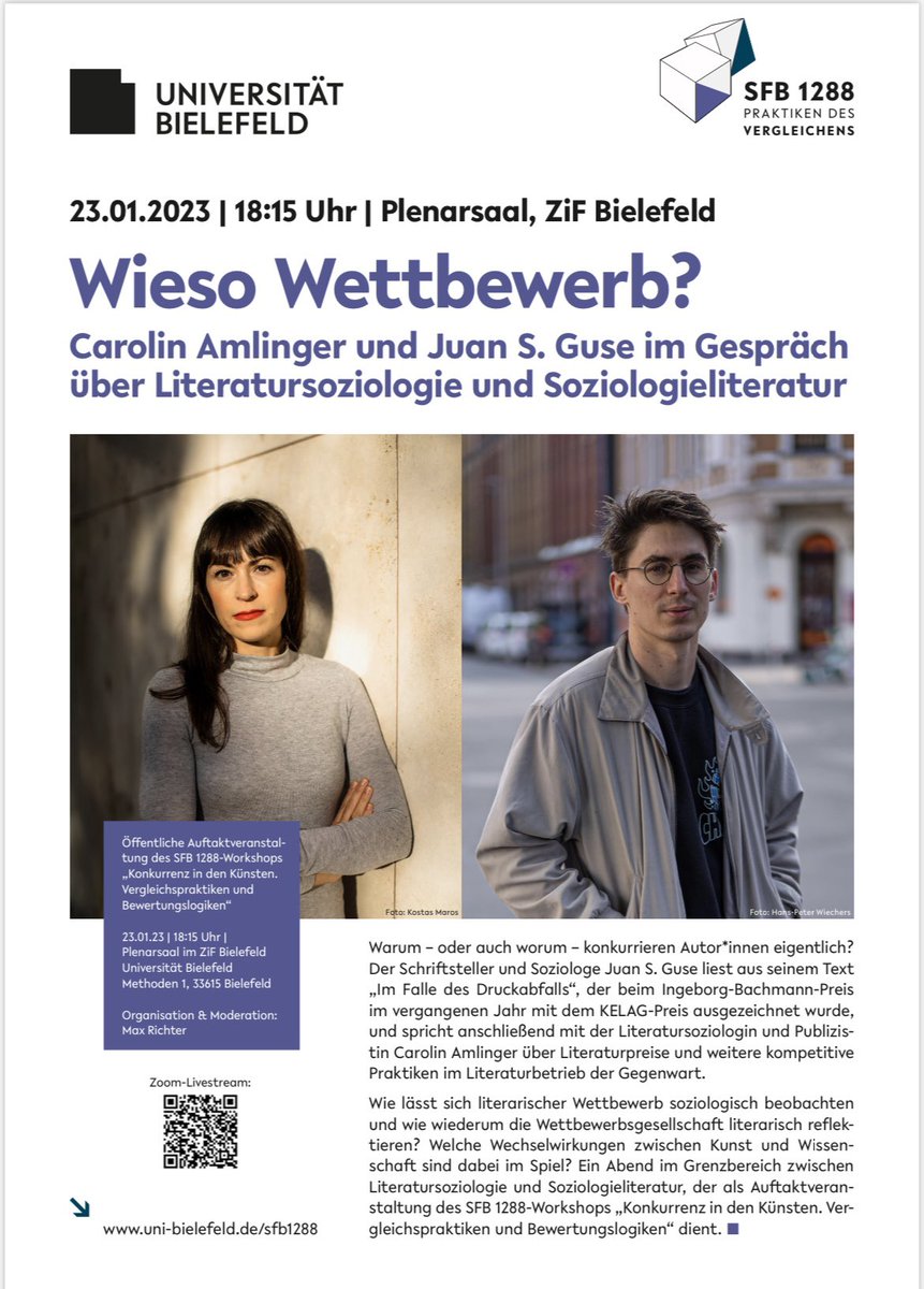 Mit Juan S. Guse spreche ich am Montag in Bielefeld beim <a href="/sfb_comparing/">SFB 1288 "Praktiken des Vergleichens"</a> über ästhetische Konkurrenz und Wettbewerb unter Autor:innen. Es gibt auch einen Live-Stream und einen tollen Workshop im Anschluss: blogs.uni-bielefeld.de/blog/sfb1288/r…