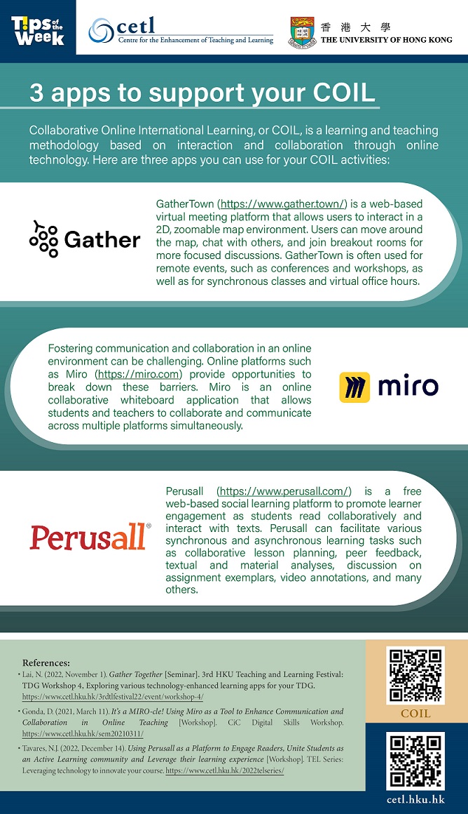 TALICHKU's tweet photo. This week, we suggest three apps that you can use to support your COIL (Collaborative Online International Learning) activities. Click here to know more about the posts: https://t.co/mjhxxJQLsM #CETLTipsofTheWeek https://t.co/vMJuM7vveJ