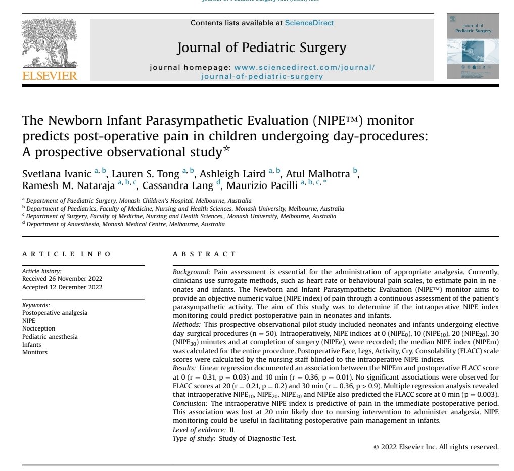 Do you use the @MdolorisMedical NIPE monitor to monitor pain in neonates/infants? 

We used it in a surgical setting to evaluate intra-operative pain in this study in @jpedsurg led by @MonashCCS Hons student Svetlana Ivanic:
jpedsurg.org/article/S0022-…

#neoTwitter @EBNEO @ESPR_EBN