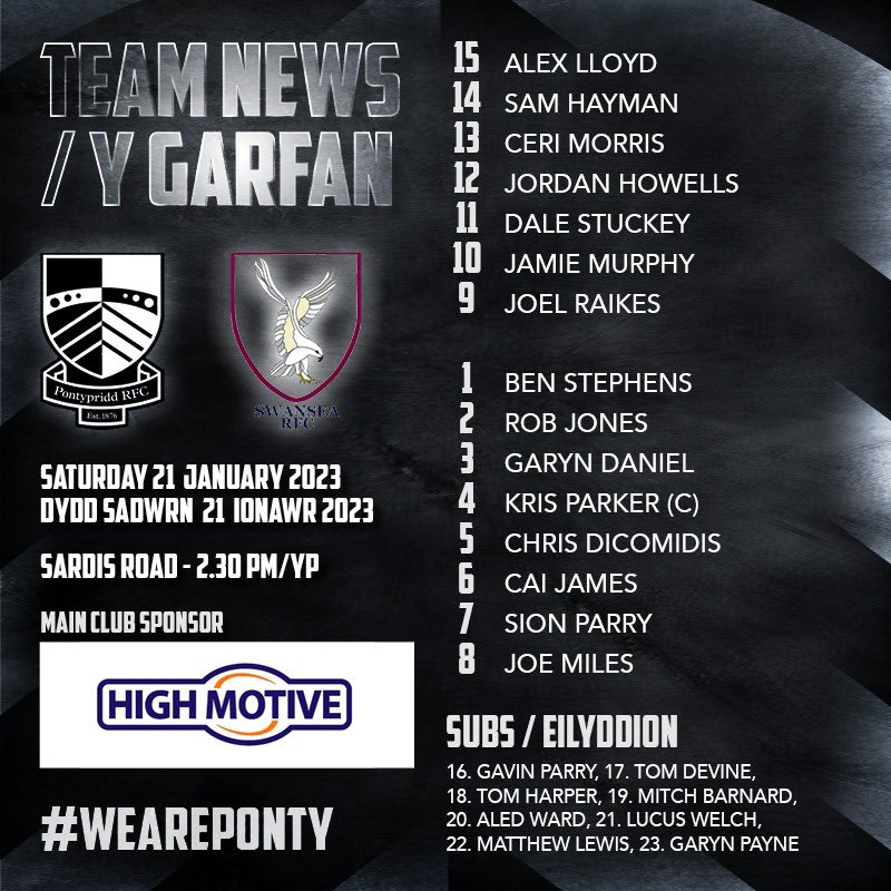 🚨 𝐓𝐄𝐀𝐌 𝐍𝐄𝐖𝐒 🚨

Your Pontypridd team for tomorrow’s <a href="/IndigoPrem/">The Indigo Prem</a> match against <a href="/SwanseaRFC/">Swansea Rugby Club</a> is locked IN!🔒

Here’s how we line up ⬇️

#WeArePonty ⚫️⚪️