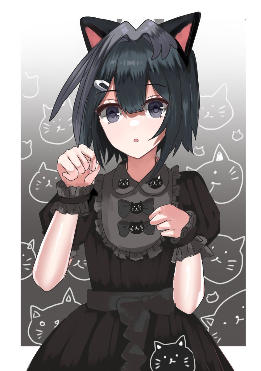 1girl animal ears black hair cat ears dress solo black dress  illustration images