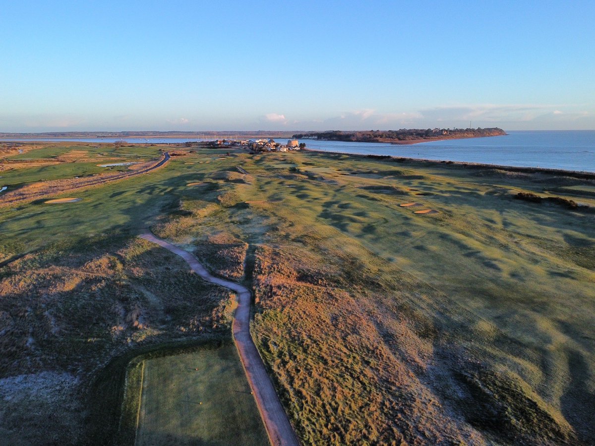 Two wonderful aerial photographs taken this frosty but sunny morning. Courses open &amp; we are on temporary greens. #felixstowe #golfcourses #linksgolf #linkscourse #suffolk #suffolkcoast #martellotower