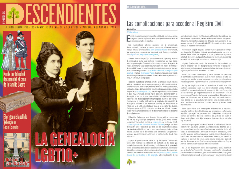 tataranietos's tweet photo. En el útlimo número de la revista genealógica @R_Descendientes encuentras un artículo titulado "Las complicaciones para acceder al Registro Civil" que he escrito para explicar cómo demasiados juzgados de paz bloquean injustamente nuestras peticiones de documentación y (...) https://t.co/V2K7C5YdE0
