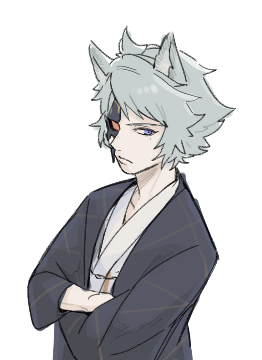 1boy animal ears male focus solo japanese clothes crossed arms mask  illustration images