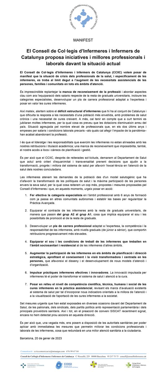 InfLleidaCOILL's tweet photo. El COILL, com a membre del Consell d’Infermeres i junt amb la resta de col·legis catalans, signem el següent manifest demanant millores perquè “el lideratge i les responsabilitats que exercim les infermeres no estan alineades amb les nostres retribucions i titulació acadèmica” https://t.co/FGNazjNjcD