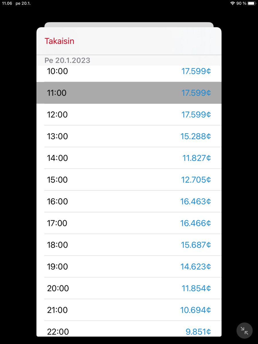 Tutkin pörssisähkön hintaa suunnitellakseni sähkön käyttöä tänään. Kahden mobiililaitteen #Finngrid apit antavat eri hintatiedot. Tuntihinnoissa poikkeamaa parin sentin verran. Mistä johtuu?