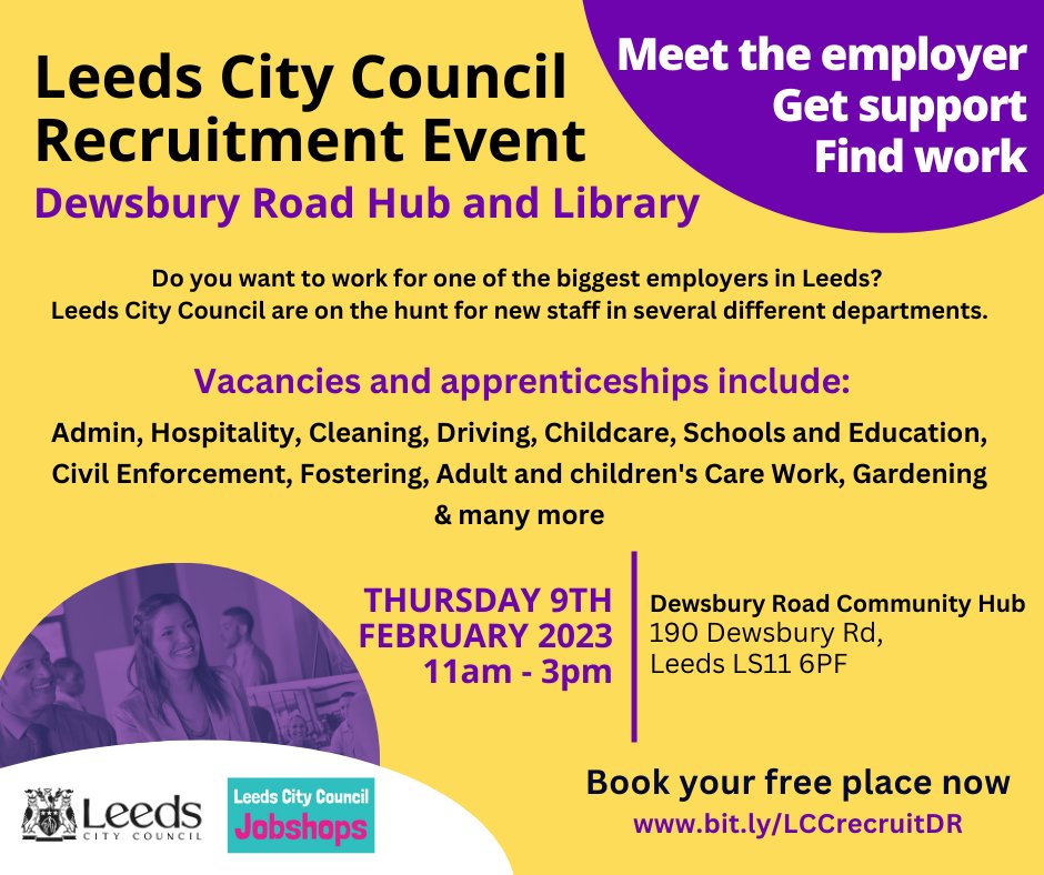 Interested in working for Leeds City Council? 🙋🙋‍♀️ Our Jobshop are hosting a Recruitment Event for various roles across departments on Thursday 9th Feb 👍 To book a free place click here ➡ bit.ly/LCCrecruitDR